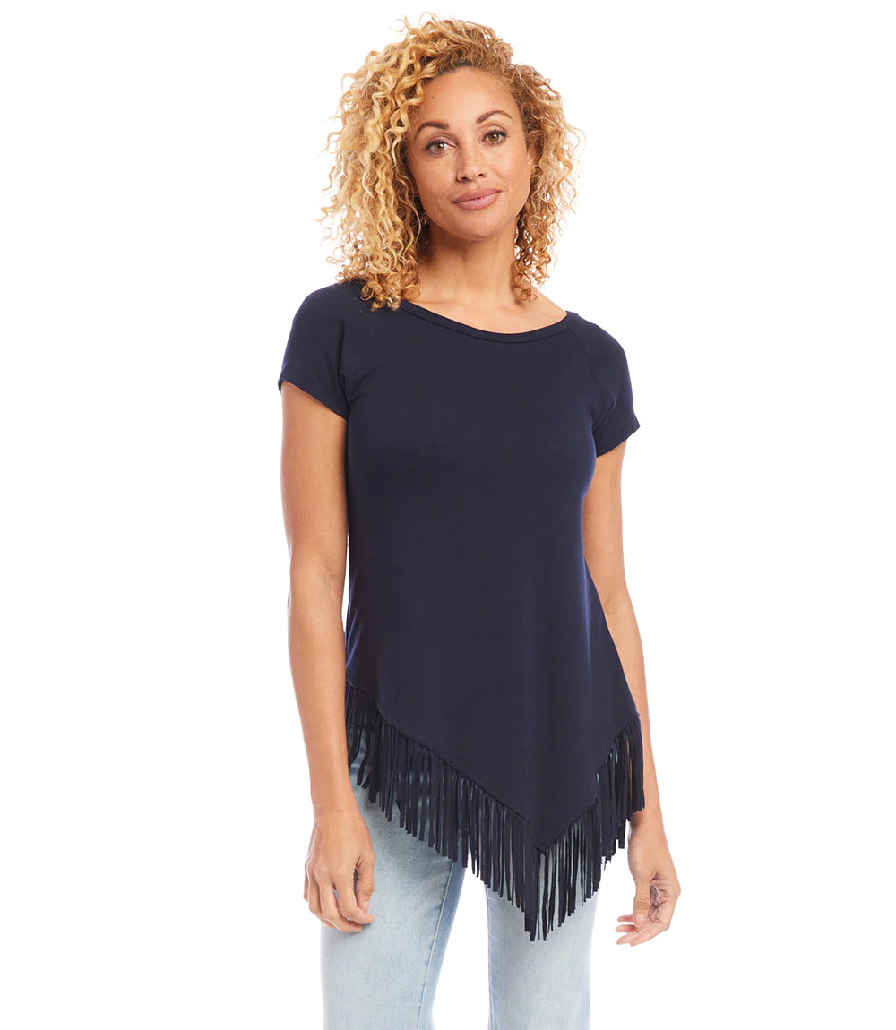 Flowing fringe trims the angled hemline of this cotton-jersey top, designed with a flattering cap sleeve silhouette. This is a perfectly fashionable top that will make a statement whenever you wear it.  Color- Navy. Cap sleeve. Fringe trim at hemline. Angled hemline. Soft jersey knit. Fabric -92% Rayon. 8% Spandex.