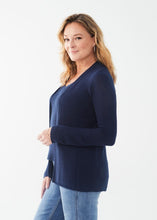 Load image into Gallery viewer, Enhance your outfit with the addition of this navy textured cardigan. Its versatile style and color make it a perfect complement to a variety of tops, whether dressed up with white pants or worn casually with denim. A must-have piece for any wardrobe.  Color- Navy. Open front. Long sleeves. Ribbed cuffs at hem.
