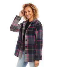 Load image into Gallery viewer, A bold plaid pattern of navy and pink makes this jacket an eye-catching piece. Richly textured with contrasting patch pockets at the front, it&#39;s an easy, no-fuss design.  Color- Navy and pink. Long sleeves. Collared button-up. Side pockets. Lined. Fabric-Midnight Brushed Plaid: 76% Polyester. 24% Wool. Dry clean.
