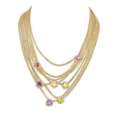 Glam up your look with this delightful Neck Mess Necklace! This handcrafted piece features a stunning ombre of pink crystals, framed with antique gold-plated brass. With a length adjustability of 16