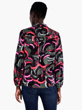 Load image into Gallery viewer, Nic and Zoe designers are a seriously talented bunch. Even idle turns of their pens can turn into something as unique as this dynamic black and pink top. Its birth may be rooted in the accidental, but intentional details show the upmost attention to even the smallest details. Details like elastic cuff sleeves, a shirt collar, a button front and a longer hem that extends just below the hip. This top is a piece of magnificent abstract art!
