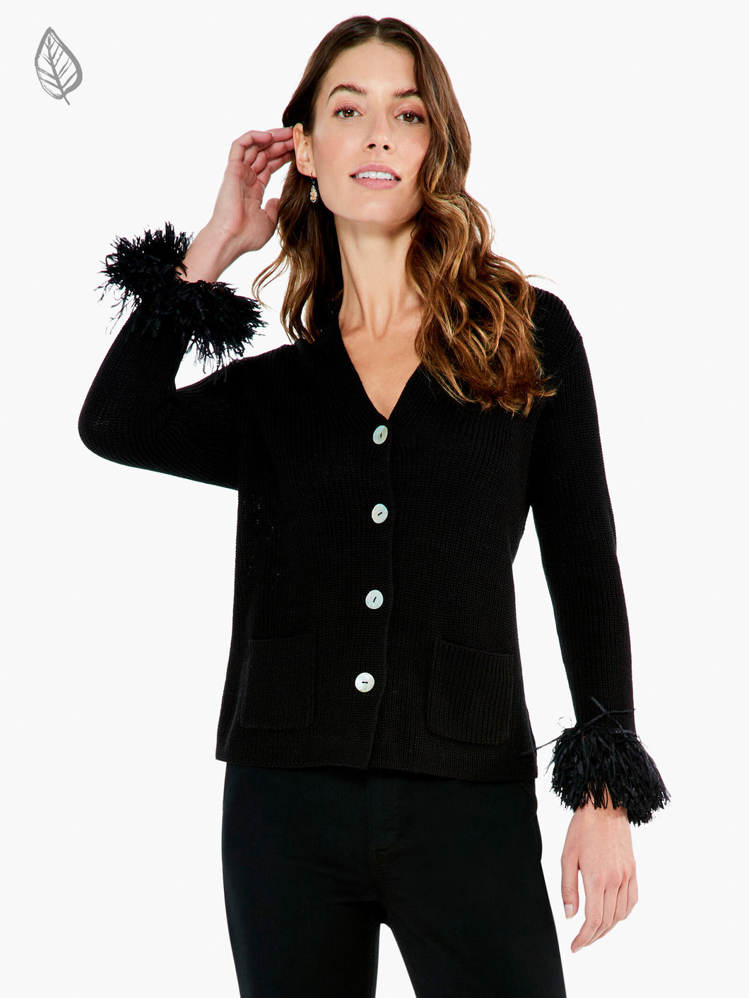 A timeless cardigan with a modern, romantic twist. Featuring intricate fringe detail on the sleeves, this cardigan is crafted of midweight knit fabric with a classic V-neckline and long sleeves with fringe cuffs. It has a regular fit and two patch pockets, finishing at the hip with a straight hemline. An elevated look that's anything but ordinary. Color- Nightfall (Black). Classic midweight knit fabrication. V-neckline. Long sleeves with fringe cuffs.  Regular fit.