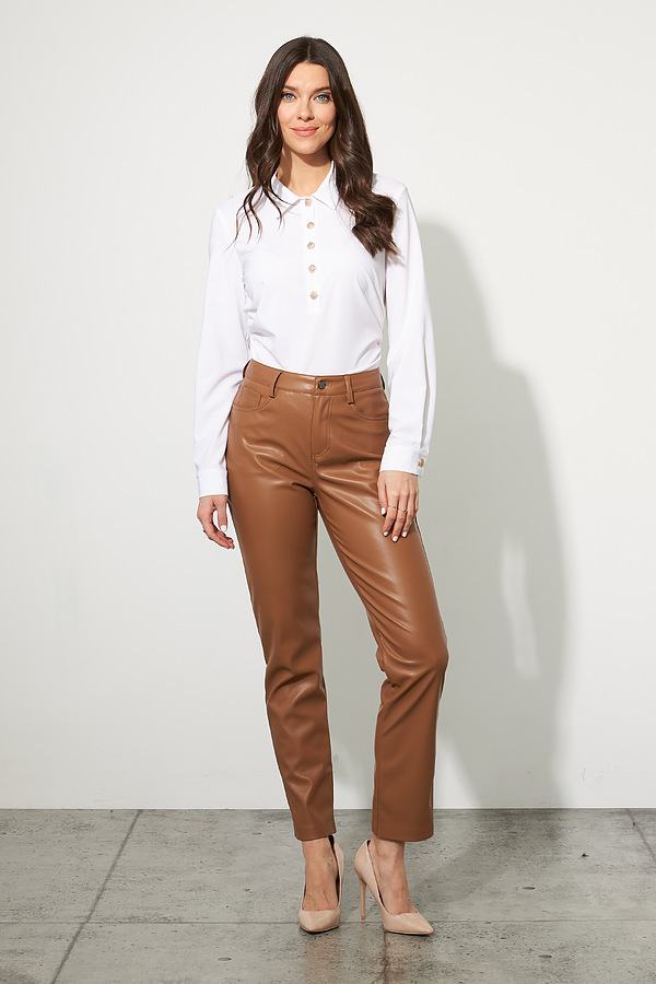 This pant features a faux leather construction, ultra-soft to the touch. Joseph Ribkoff's classic five-pocket design offers the utmost versatility for a chic finish. Perfect for the office or a night out on the town, this style effortlessly completes any outfit. Color - Nutmeg Back pockets. Front pockets. Zipper and button closure. Belt loops. Joseph Ribkoff silver tag. Straight leg design.
