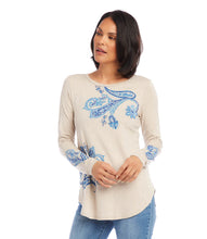 Load image into Gallery viewer, Elevate your wardrobe with this exquisite paisley-printed top that effortlessly combines classic elegance with a modern twist. The intricate paisley pattern is a timeless design that adds a touch of sophistication to your look.  Color- Oatmeal and blue. Length: 26 3/4 inches (size M). Scoop neckline. Long sleeves. Shirttail hem. Fabric -Yarn Dye Jersey: 95% Viscose, 5% Spandex
