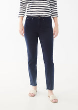 Load image into Gallery viewer, The contoured waistband of the Olivia Slim Ankle Jean in Navy by FDJ-French Dressing comfortably sits just below the natural waistline. This classic wardrobe staple has a trendy twist, featuring an ankle length style with slight frayed hems.  Color- Navy. Button and zipper closure. Slight fray at the bottom hems. Ankle length. Inseam- 28&quot;.
