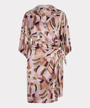 Load image into Gallery viewer, A captivating composition of color and pattern culminate in a simply stunning dress. Our Gena features a timeless silhouette paired with a geometric print to create a flattering, dynamic look. Completed with three quarter, billowy, elasticized sleeves and a side tie.  Colors- Brown, pink, lilac, mint green. Collared. Wrap style dress. Billowy three quarter, elasticized sleeves. Side tie. Geometric print.
