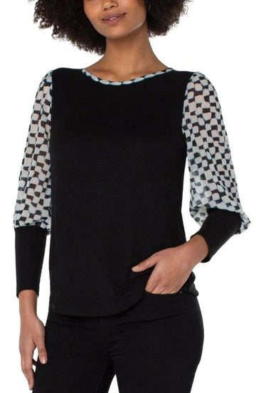 Bunty Black with Blue Painted Check Knit to Woven Long Sleeve Pullover Top - Liverpool Los Angeles LM8831PCP05