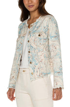 Load image into Gallery viewer, Make a statement with our contemporary jean jacket! Its frayed hem and eye-catching ecru and turquoise marbled print will bring a unique sense of elegance and personality to your wardrobe. &nbsp;
