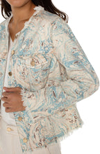 Load image into Gallery viewer, Make a statement with our contemporary jean jacket! Its frayed hem and eye-catching ecru and turquoise marbled print will bring a unique sense of elegance and personality to your wardrobe. &nbsp;
