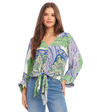 Load image into Gallery viewer, Featuring a captivating green and blue paisley print, this top effortlessly commands attention with its vibrant hues and eye-catching design. Designed with blouson sleeves and a tie-front detail, this top offers a relaxed yet chic silhouette that drapes beautifully on the body with a customizable fit.
