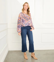 Load image into Gallery viewer, This stylish top features billowing blouson sleeves and a captivating paisley print. It pairs well with denim and is really a perfect top for any occasion.  Color-Blues, purples, pink, gold. Watercolor paisley print. Crew neck. Elasticized hem. Lined. Italian fabric -100% Viscose.
