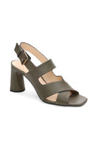 Load image into Gallery viewer, This heeled sandal in a gorgeous olive boasts a retro look, complete with inked edge details and a subtle icon buckle. Elevate any outfit with a touch of elegance.
