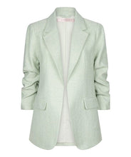 Load image into Gallery viewer, Opt for the Pietta Pastel Green Blazer Linen Look - EsQualo SP2410008 with smocked sleeves for a polished and stylish touch. Whether you&#39;re going for a casual spring look in cute jeans or a more refined look with our Pistachio-colored Cate City Trousers - EsQualo SP2410025, this blazer is the perfect choice.
