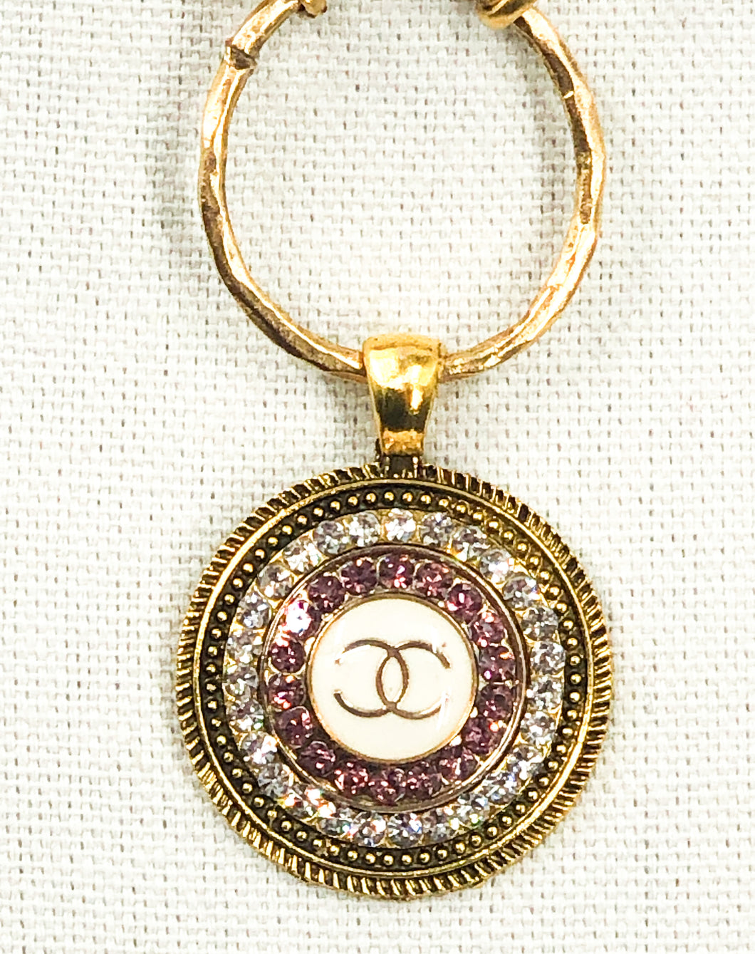 Paulina Pink and Antique Gold Vintage Chanel Button Pendant Necklace - Modern Vintage Creations