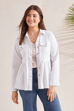 Load image into Gallery viewer, A peplum design creates a waist-defining silhouette in this timeless denim jacket. We can&#39;t get enough of the stretch denim fabric, button-up shank closure, shirt collar neck that offers a structured look, opening sleeve cuffs, functional flap chest pockets, hidden side seam pockets, 28.5&quot; length, and trendy raw hem.
