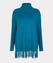 Load image into Gallery viewer, Uncover effortless boho-inspired style with our &quot;Sweater Col Fringes&quot;. Carefully crafted with a soft material for a comfortable fit, this turtleneck sweater with fringes provides a fashionable and relaxed look. Perfect for achieving a fashionable and comfortable ensemble.  Color- Petrol. Pullover. Turtleneck. Fringe detailing at hem. Ribbed Sleeves.
