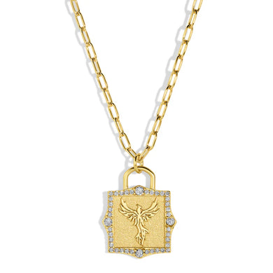 Gold necklace with a lock-shaped pendant featuring a phoenix design and surrounded by cubic zirconia against a white background.