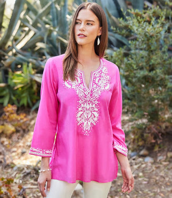 Effortlessly combine casual elegance, free-spirited style, vibrant color, and laid-back comfort in this breezy and enchanting top. Revel in the softness of the cotton voile fabric while showcasing the intricate embroidery, creating a harmonious blend of fashion and ease.