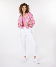 Load image into Gallery viewer, This Pink Big Houndstooth Jacket by EsQualo boasts a stylish pied de poule pattern. The jacket has a shorter, relaxed fit, perfect for pairing with jeans. Accentuated by elegant rhinestone buttons, this piece is sure to catch attention.
