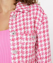 Load image into Gallery viewer, This Pink Big Houndstooth Jacket by EsQualo boasts a stylish pied de poule pattern. The jacket has a shorter, relaxed fit, perfect for pairing with jeans. Accentuated by elegant rhinestone buttons, this piece is sure to catch attention.
