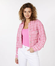 Load image into Gallery viewer, This Pink Big Houndstooth Jacket by EsQualo boasts a stylish pied de poule pattern. The jacket has a shorter, relaxed fit, perfect for pairing with jeans. Accentuated by elegant rhinestone buttons, this piece is sure to catch attention.
