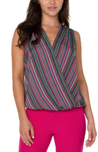 Load image into Gallery viewer, Accentuate your wardrobe with our sleeveless V-neck, front draped knit top. Fashioned with an ultra-soft knit, this top displays a comfortable, fun style. Lovely worn on its own or under a favorite jacket or blazer.   Looks gorgeous paired under our Portia Pink Topaz Button Closure Boyfriend Blazer- Liverpool Los Angeles LM1148MW1.  Color- Text Multi Stripe - Pink, green, white, black. V-Neck. Drape front.
