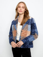 Load image into Gallery viewer, A woman modeling a boucle plaid short coat with blue, beige, and orange sections, worn over a white top and black pants against a plain white background.
