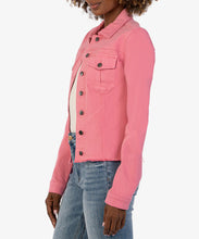 Load image into Gallery viewer, Introducing the Kara Plush Pink Denim Jacket by Kut from the Kloth. This cropped style features a fray hem for added detail. The plush pink color adds a touch of vibrancy to any outfit. Elevate your wardrobe with this must-have piece. Color- Plush pink. Fray bottom hem. Front functional pockets. Silver button closure. Perfect stretch.
