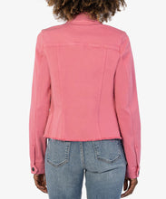 Load image into Gallery viewer, Introducing the Kara Plush Pink Denim Jacket by Kut from the Kloth. This cropped style features a fray hem for added detail. The plush pink color adds a touch of vibrancy to any outfit. Elevate your wardrobe with this must-have piece. Color- Plush pink. Fray bottom hem. Front functional pockets. Silver button closure. Perfect stretch.
