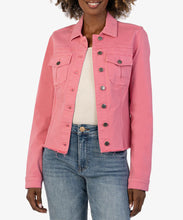 Load image into Gallery viewer, Introducing the Kara Plush Pink Denim Jacket by Kut from the Kloth. This cropped style features a fray hem for added detail. The plush pink color adds a touch of vibrancy to any outfit. Elevate your wardrobe with this must-have piece. Color- Plush pink. Fray bottom hem. Front functional pockets. Silver button closure. Perfect stretch.
