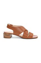 Load image into Gallery viewer, Effortlessly make a fashion statement with our Pomona sandal in fashionable luggage shade, offering both comfort and refined style. Skillfully designed with elegant cognac leather and a sleek wood finished heel for an upscale look.
