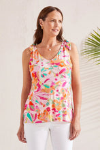 Load image into Gallery viewer, A decorative touch goes a long way with this sleeveless top featuring knot accents at either shoulder. We love the bright and bold colors on this printed rayon jersey fabric, a clean facing inside neckline, and its double V-neck collar.
