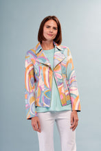 Load image into Gallery viewer, Emphasize your style with a striking combination of colors and a beautiful abstract design. This moto style jacket features a sleek metallic faux leather exterior, a vibrant swirl print, and faux zip details to add a touch of edginess. Versatile for dressing up or wearing casually. Color- White, coral, pink, lavender, gold, light blues. Metallic printed vegan pleather. Liquid Spring Pucci print with metallic finish. Hook &amp; eye closure. Zipper trim.
