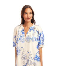 Load image into Gallery viewer, Woman wearing a blue and white floral dress against a white background.
