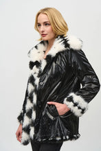 Load image into Gallery viewer, This stunning coat will surely make heads turn as you make an entrance. Combining luxurious faux fur with a striking black and white geometric pattern, this reversible coat adds a touch of chic French sophistication. It features practical pockets and a buttoned closure, seamlessly blending avant-garde fashion with timeless grace in a sleek and compact form.
