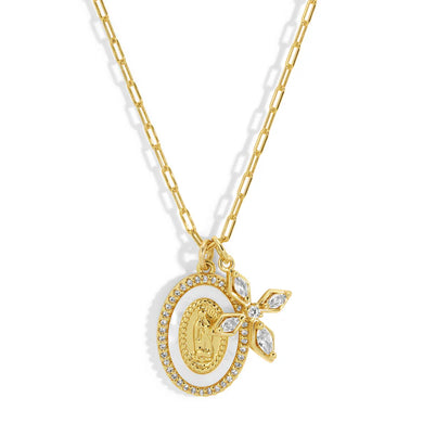 Gold necklace with a white pendant featuring Mother Mary surrounded by crystals and a crystal cross against a white background.