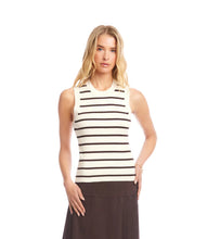 Load image into Gallery viewer, Woman wearing a brown and cream striped sleeveless top and brown skirt against a white background.
