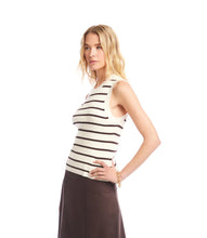 Load image into Gallery viewer, Woman wearing a brown and cream striped sleeveless top and brown skirt against a white background.
