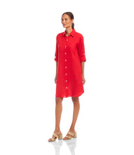 Load image into Gallery viewer, Stay cool and stylish with the Karen Kane Rio Roll Tab Linen Shirtdress in Cherry. Crafted from 100% linen, this breathable, lightweight dress is perfect for sunny days and easy layering. Featuring a crisp collar, front button closure with delicate shell buttons, and roll-tab sleeves that convert to long sleeves, it offers both versatility and timeless charm.
