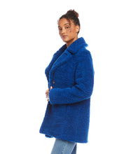 Load image into Gallery viewer, Experience ultimate warmth and comfort with the Rylan Royal Blue Sherpa Coat by Karen Kane. Featuring a cloverleaf lapel collar and front snaps, this coat is the perfect combination of style and cozy warmth to keep you snug during the coldest temperatures.  Color- Royal blue. Length: 31 7/8 inches (size M) Peaked lapel collar. Long sleeves. Lined.
