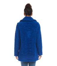 Load image into Gallery viewer, Experience ultimate warmth and comfort with the Rylan Royal Blue Sherpa Coat by Karen Kane. Featuring a cloverleaf lapel collar and front snaps, this coat is the perfect combination of style and cozy warmth to keep you snug during the coldest temperatures.  Color- Royal blue. Length: 31 7/8 inches (size M) Peaked lapel collar. Long sleeves. Lined.
