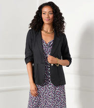 Load image into Gallery viewer, Elevate your style with this gorgeous jacket by Karen Kane. Polished details like a notched collar and ruched sleeves make this lightweight jacket work whether you’re in the city or at the beach. This effortless jacket is made from cool and breathable linen. Color- Black. Ruched elbow sleeve. Patch pockets. Pearl button closure. Fabric -100% Linen. Care- Dry clean.
