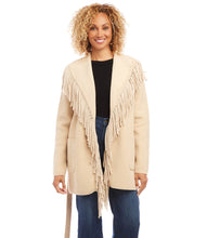 Load image into Gallery viewer, Elevate your classic look with timeless style when you slip into this one-of-a-kind Karen Kane Sand Belted Fringe Jacket. Boasting warmth and comfort, it&#39;s an eye-catching way to layer your ensemble. Color- Sand. Fringe collar. Long sleeve. Patch functional pockets. Adjustable tie at waist
