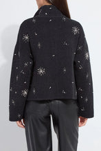 Load image into Gallery viewer, Model wearing a charcoal grey jacket with rhinestone snowflake patterns and black pants against a white background.
