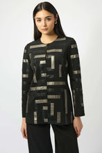 Load image into Gallery viewer, Woman wearing black/multi patterned long jacket and black pants against a white background.
