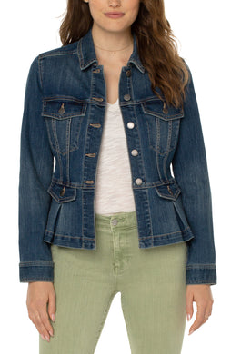 Crafted for classic style, this streamlined, figure-flattering peplum denim jacket will take your casual wardrobe to the next level.  A gorgeous peplum design offers a tailored fit while the fabrication offers minimal stretch that retains its shape. Style over your favorite dress, pair with a favorite tee, bottoms and booties for fashionable looks.  Color- Seedling; Basic blue denim with just a hint of fading. Minimal stretch. Peplum bottom.  Tailored fit. 