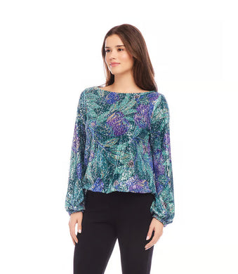 Enhance your wardrobe with our boatneck top, radiating bold sophistication. It features a vibrant floral print adorned with sparkling sequins, made from luxurious Italian fabric. This top complements a variety of bottoms, including your go-to denim. Stand out in style with this exquisite piece.