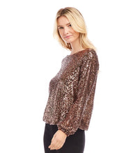 Load image into Gallery viewer, Crafted from stretchy sequin mesh, this Sequin Boatneck Top combines comfort with style. The elegant boatneck cut makes it ideal for various occasions, while the shimmering sequins infuse any ensemble with a dash of glamour.
