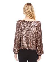 Load image into Gallery viewer, Crafted from stretchy sequin mesh, this Sequin Boatneck Top combines comfort with style. The elegant boatneck cut makes it ideal for various occasions, while the shimmering sequins infuse any ensemble with a dash of glamour.
