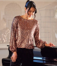 Load image into Gallery viewer, Crafted from stretchy sequin mesh, this Sequin Boatneck Top combines comfort with style. The elegant boatneck cut makes it ideal for various occasions, while the shimmering sequins infuse any ensemble with a dash of glamour.
